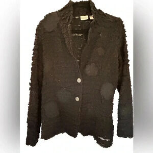 Chico’s black textured jacket, collar & lapels, florals Medium, Goth Chic Unique